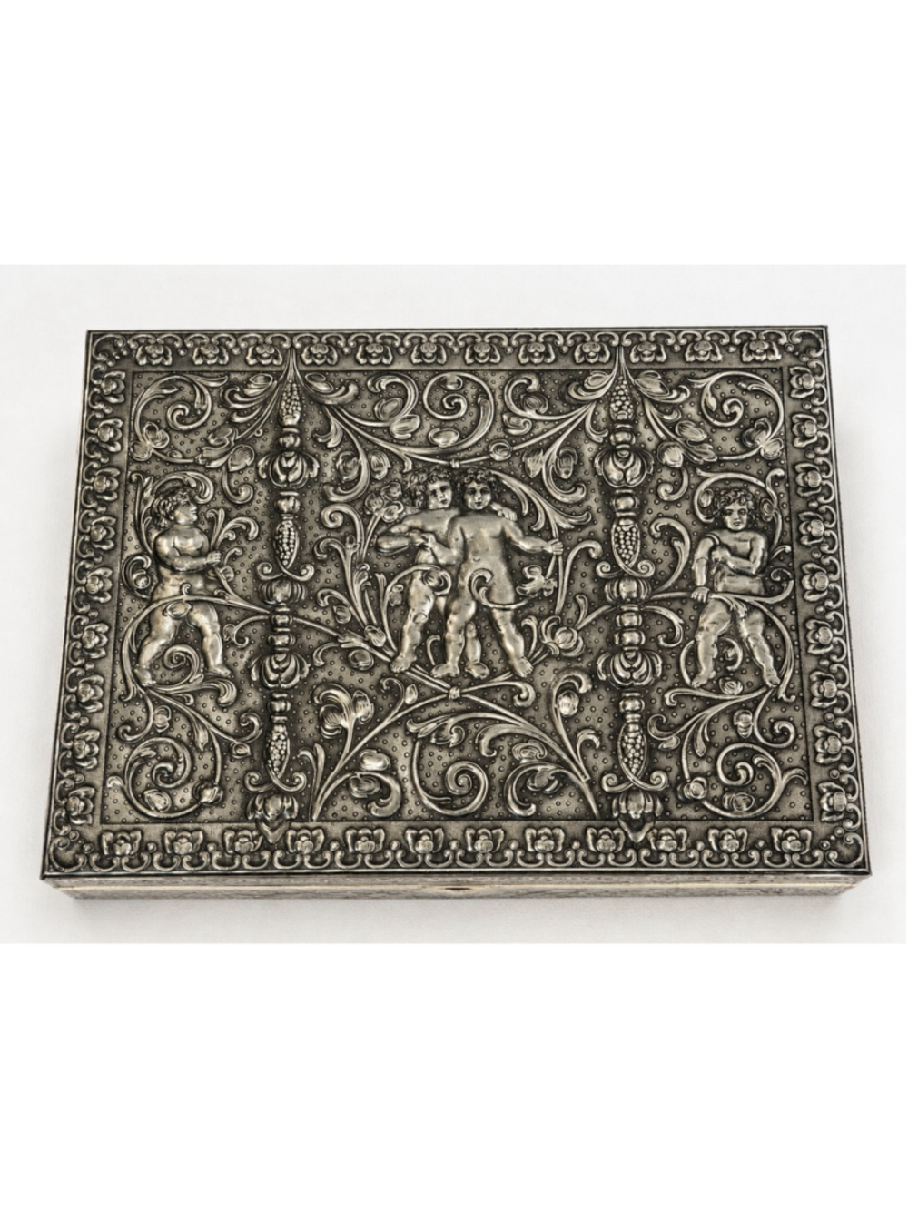 Vintage West Germany Embossed Metal Tin Box Cherub Putti Rococo Renaissance 12”
